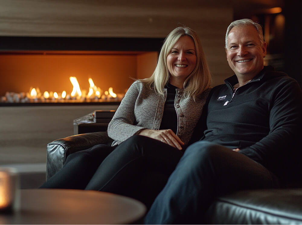 Couple relaxing in front of Chimney